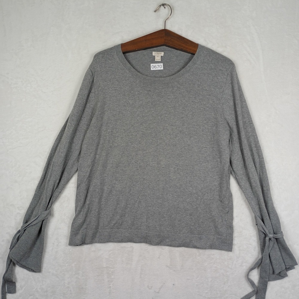 J.Crew Sweater Women XXL Gray Tie Sleeve Cotton Knit Crewneck Minimalist Boho